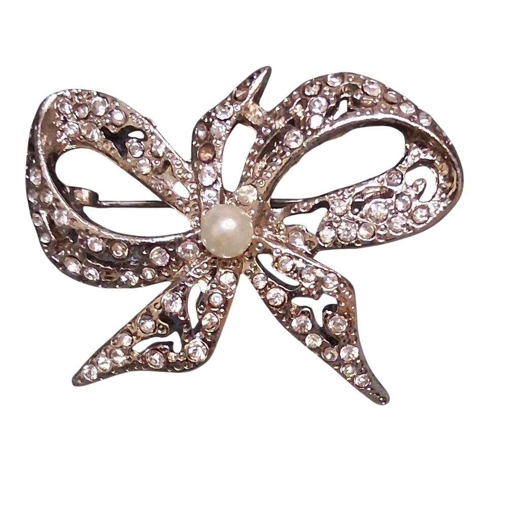 Rhinestone Bow Brooch Faux Pearl Pin